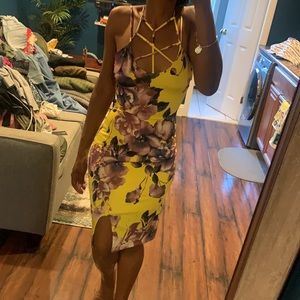 Yellow floral print cris cross strap dress